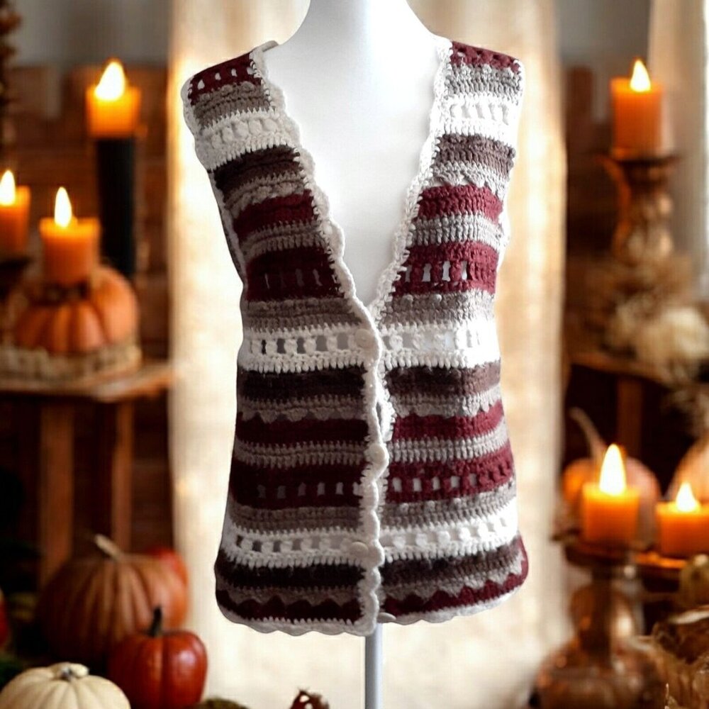 Vintage 1970s Huntingon Ridge Hand Crochet Vest Boho Asymmetrical Hem Browns S